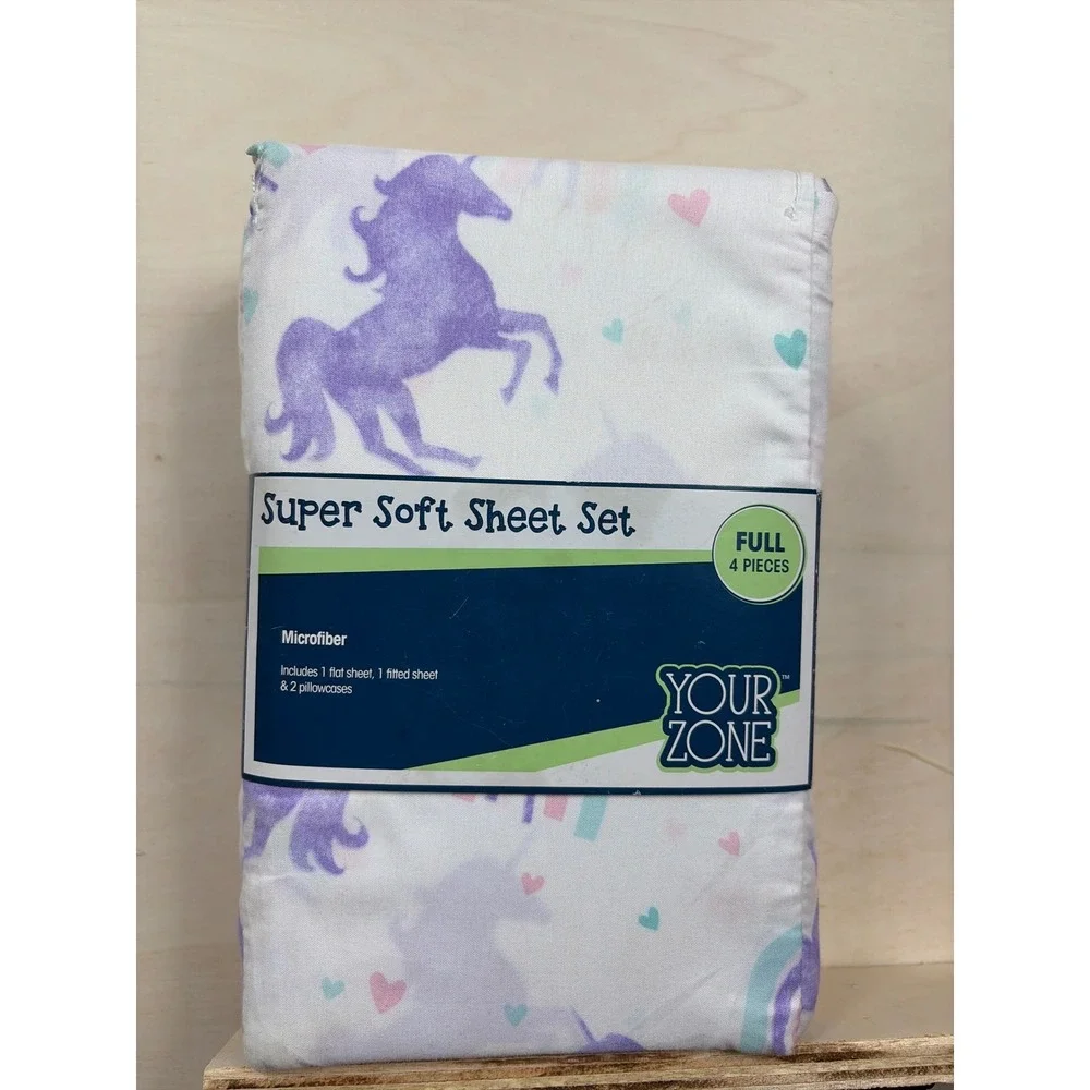 Your Zone Full Sheet Set 4 Piece Microfiber Purple Unicorn Rainbow White New